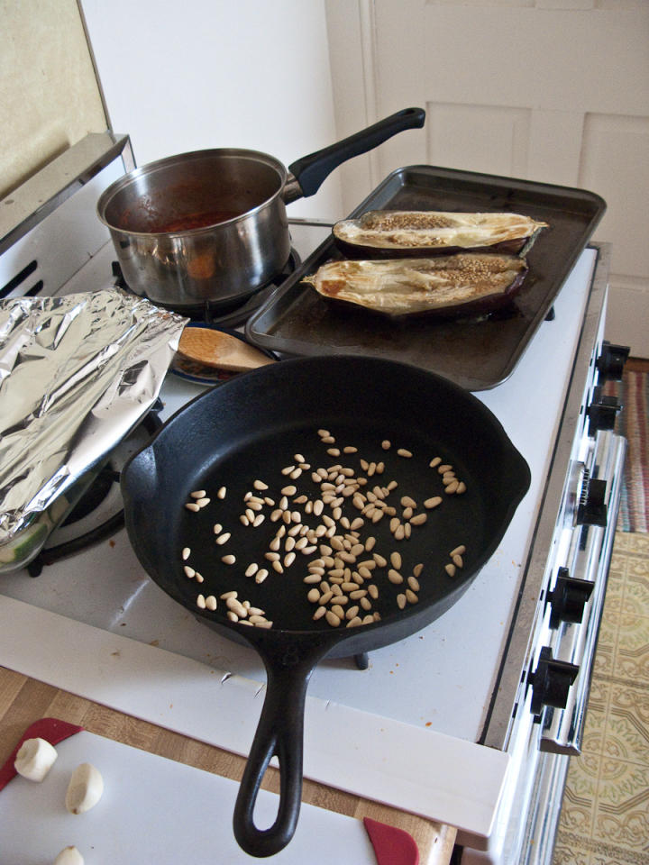 Toasting pinenuts and roastin eggplant