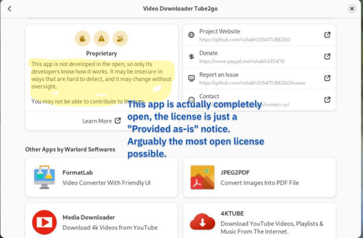 screenshot of gnome app store with bad license info