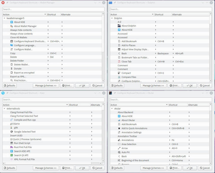 screenshot of 4 kde apps with custom shortcut support