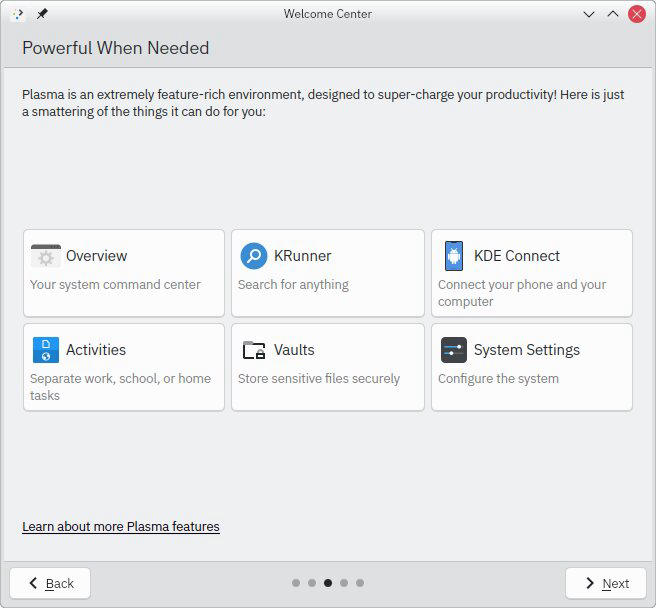 Screenshot of KDE welcome screen with advanced features