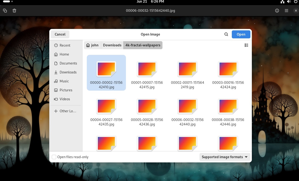 screenshot of gnome file picker not showing thumbnails