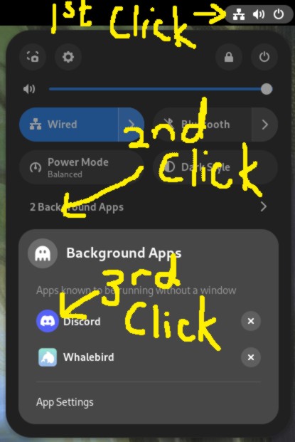 annotated screenshot showing all the clicks needed to get back to discord