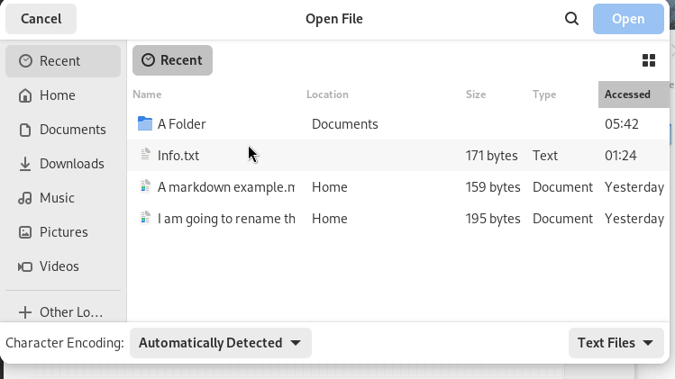 animation showing that gnome file picker cannot sort the recent files entries