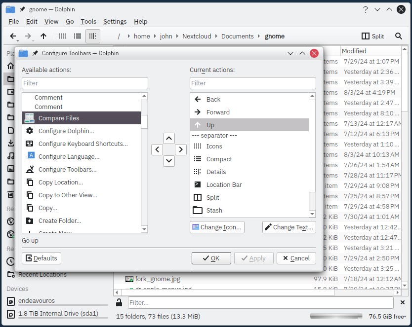 Screenshot of kde file manager toolbar customization