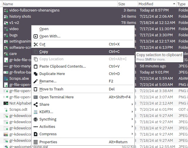 screenshot of plasma file manager right-click menu