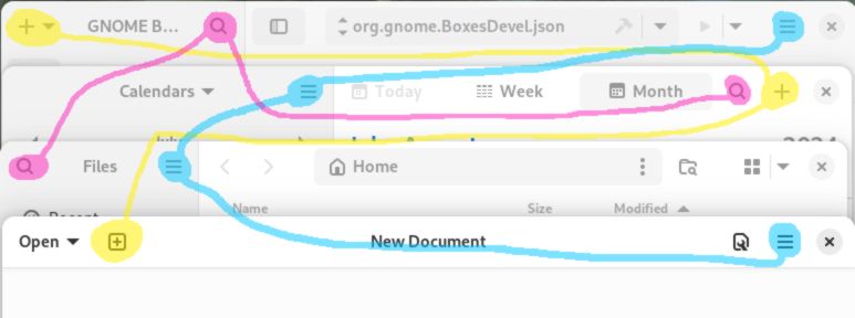 Screenshot of four gnome apps with their menus in different places