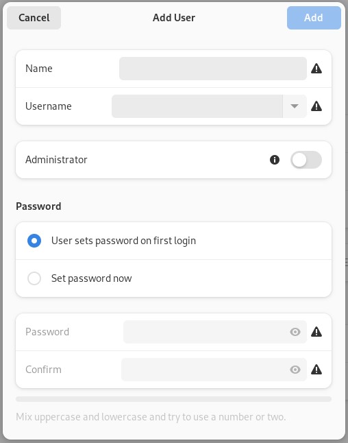 screenshot of gnome add user dialog with mismatched user interface elements and no info on what the warning triangles mean