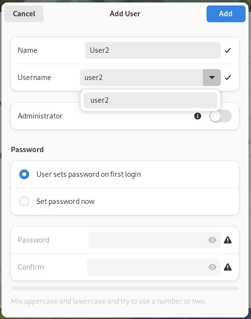 screenshot showing add user dialog with username dropdown containing a single entry