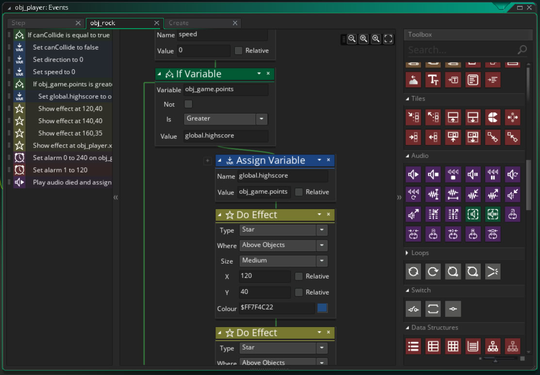 Screenshot of GameMaker showing a conditional branch