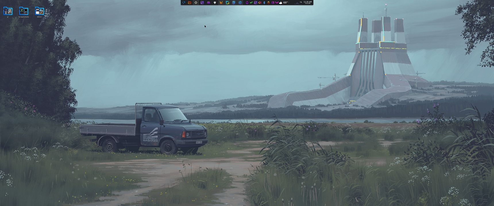 Screenshot of desktop, wallpaper is an illustration of a scifi building in the background and an old car in the foreground.