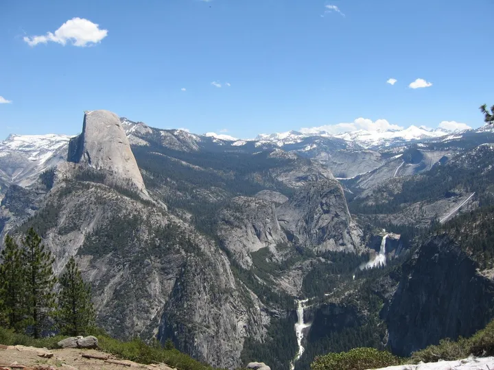 A view of Half Dome, Vernal Falls (bottom) and Nevada Falls
