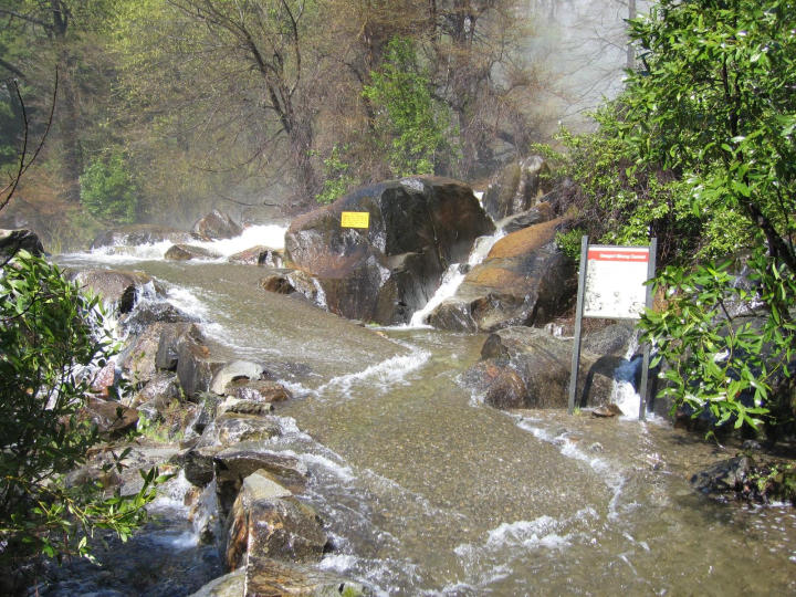 The path to Bridal Veil falls, flowing with snowmelt