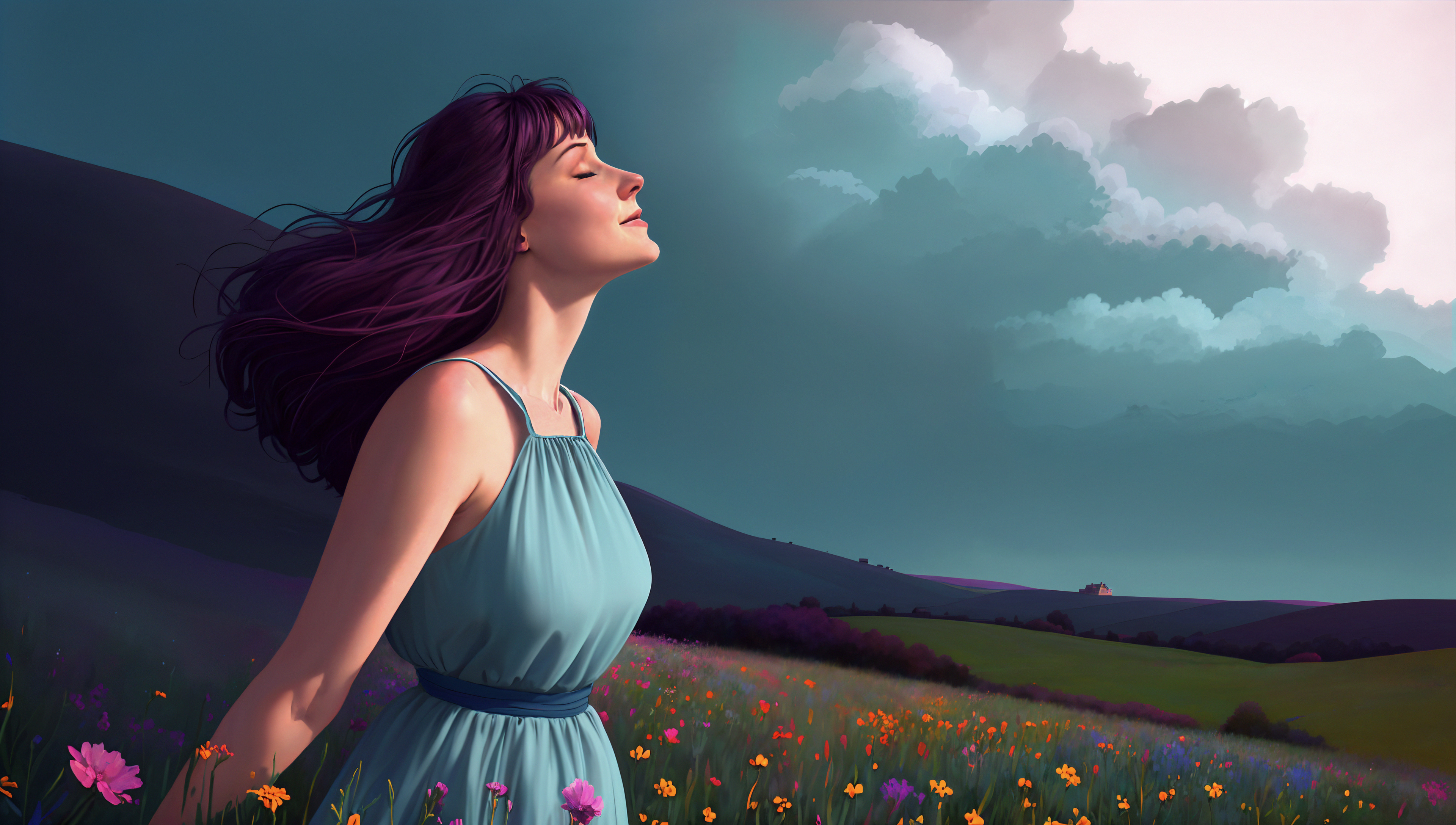 Picture of a woman in a blue sundress, standing in a meadow surround by wildflowers, in the early spring dawn